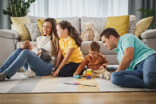 Familia con un bebé y dos niños jugando en el salón